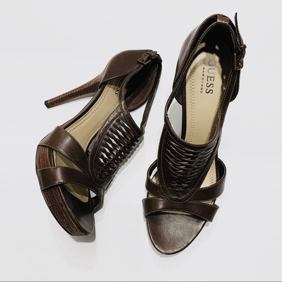 Guess by Marciano Shoes - GUESS BROWN LEATHER CAGE STILETTO SANDALS